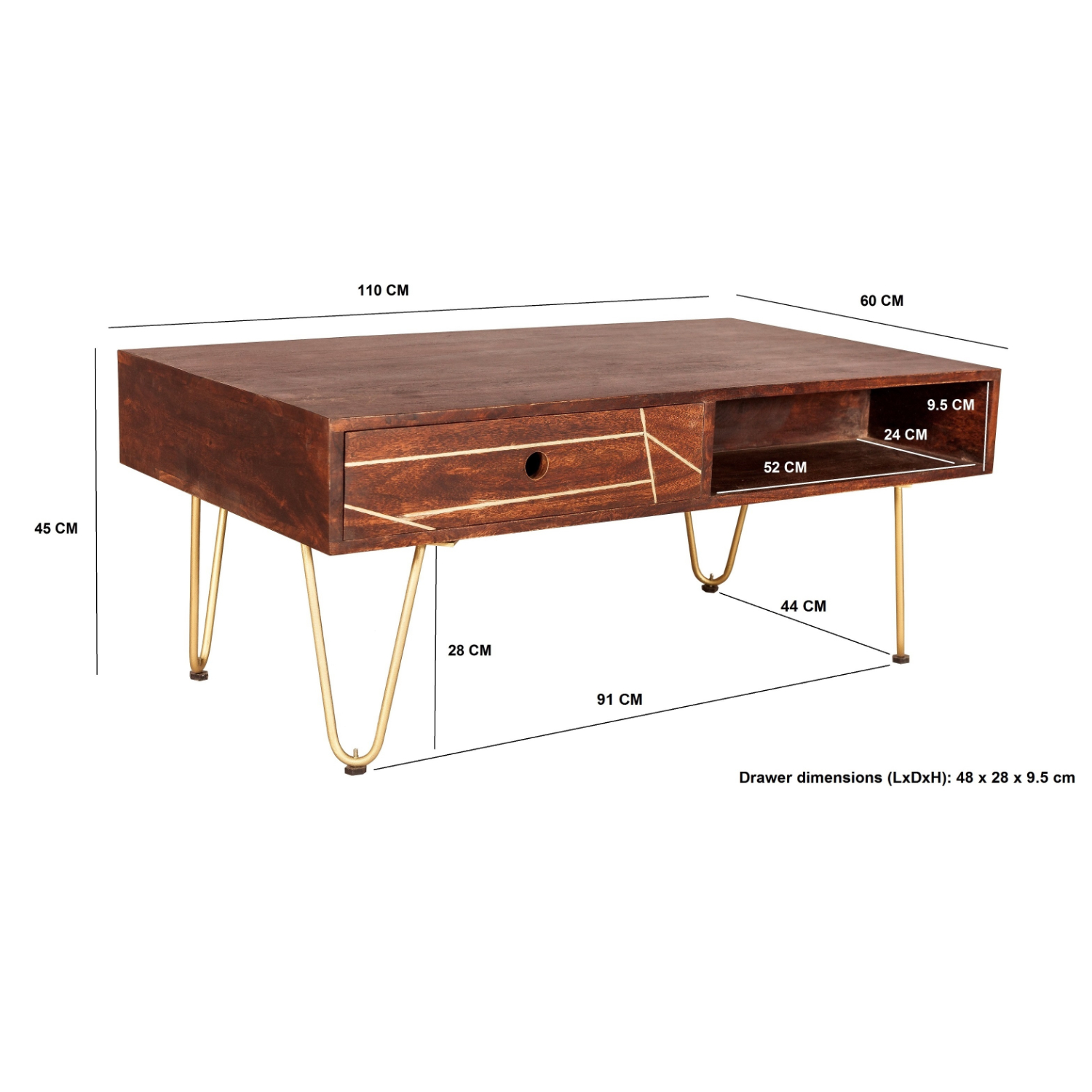 Dark Gold Rectangular Coffee Table with Drawer - Image 9