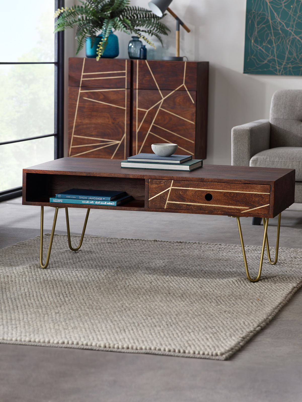 Dark Gold Rectangular Coffee Table with Drawer - Image 2