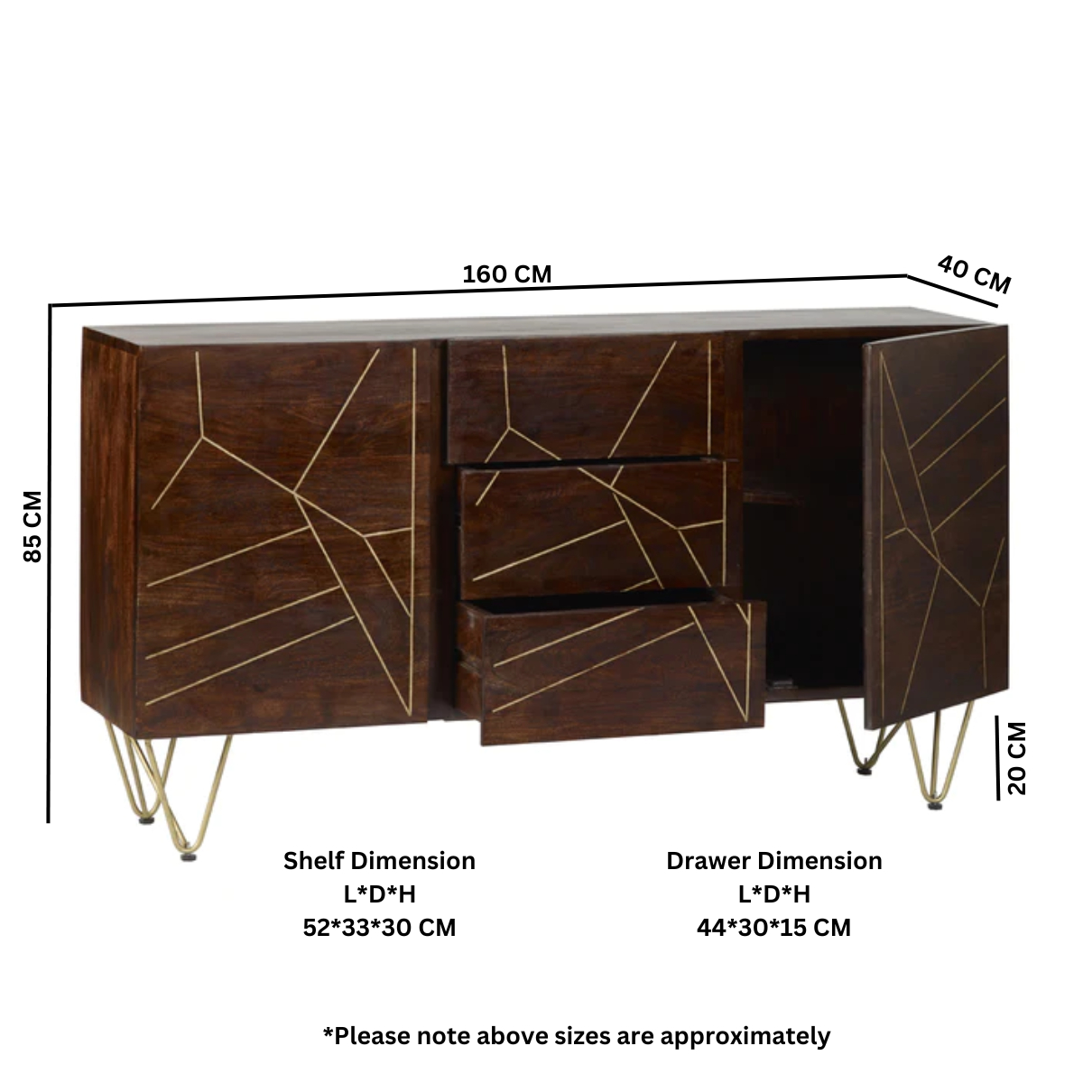 Dark Gold Extra Large Sideboard 3 Drawers and 2 Doors - Image 6