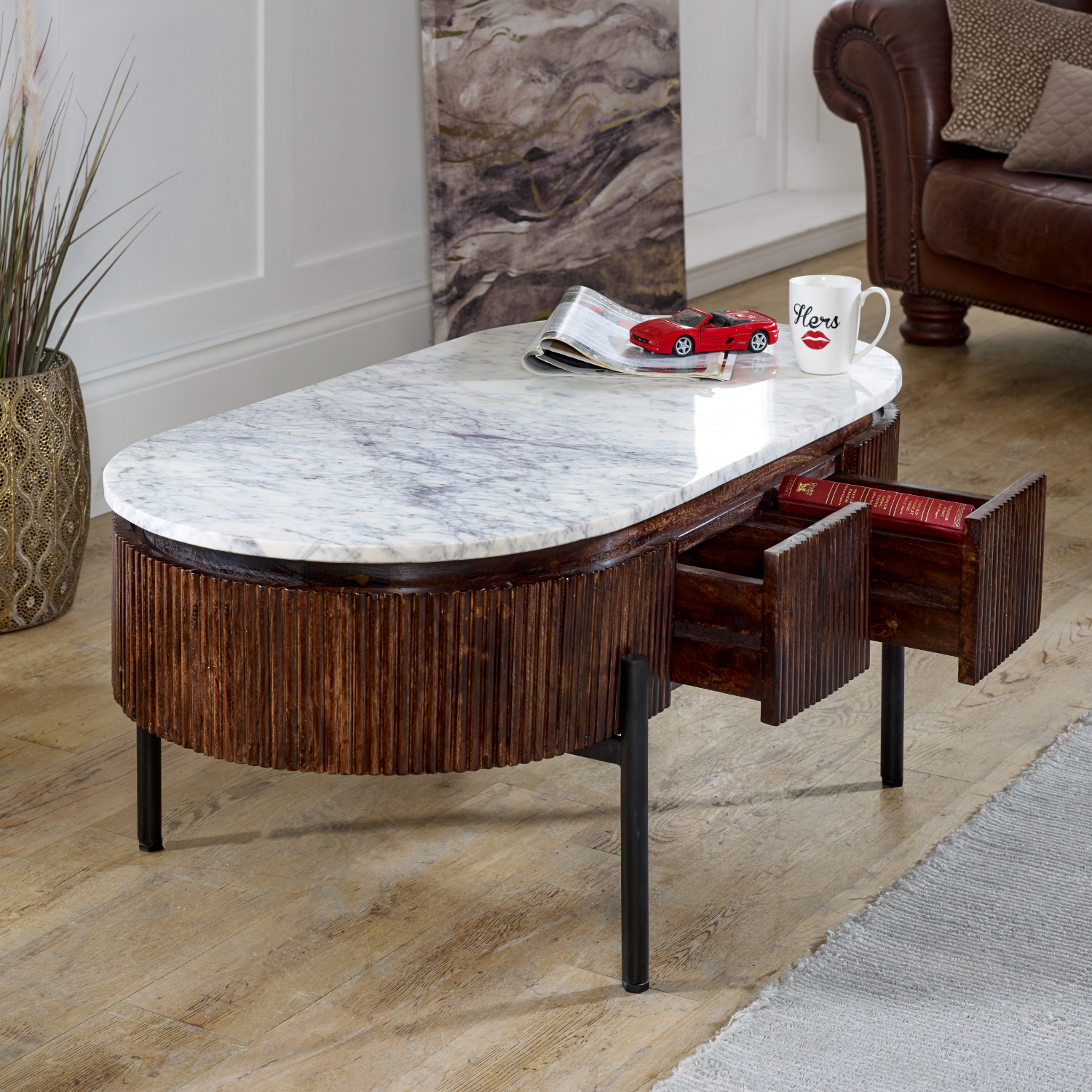 Opal Mango Wood Rectangular Fluted Coffee Table With Marble Top & Metal Legs - Image 2