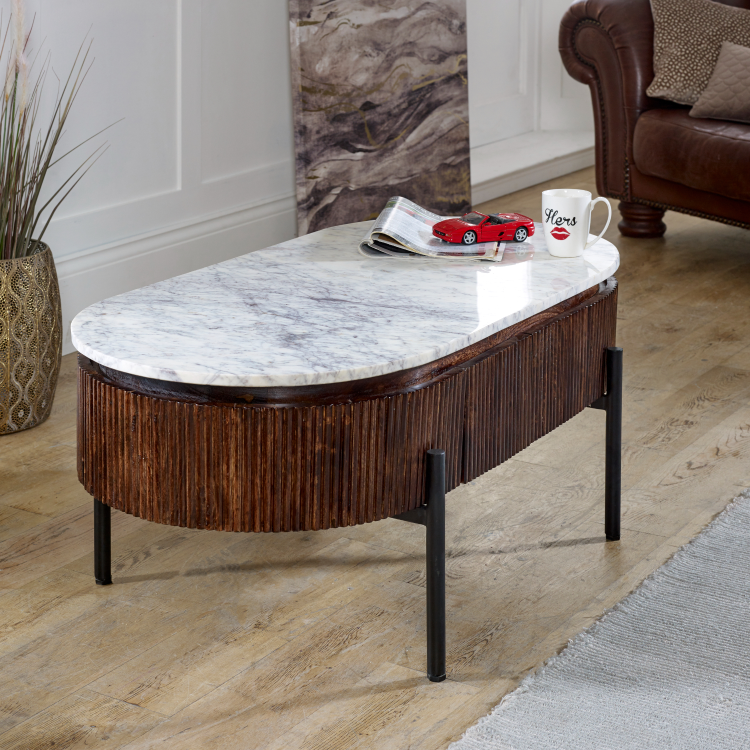Opal Mango Wood Rectangular Fluted Coffee Table With Marble Top & Metal Legs - Image 3