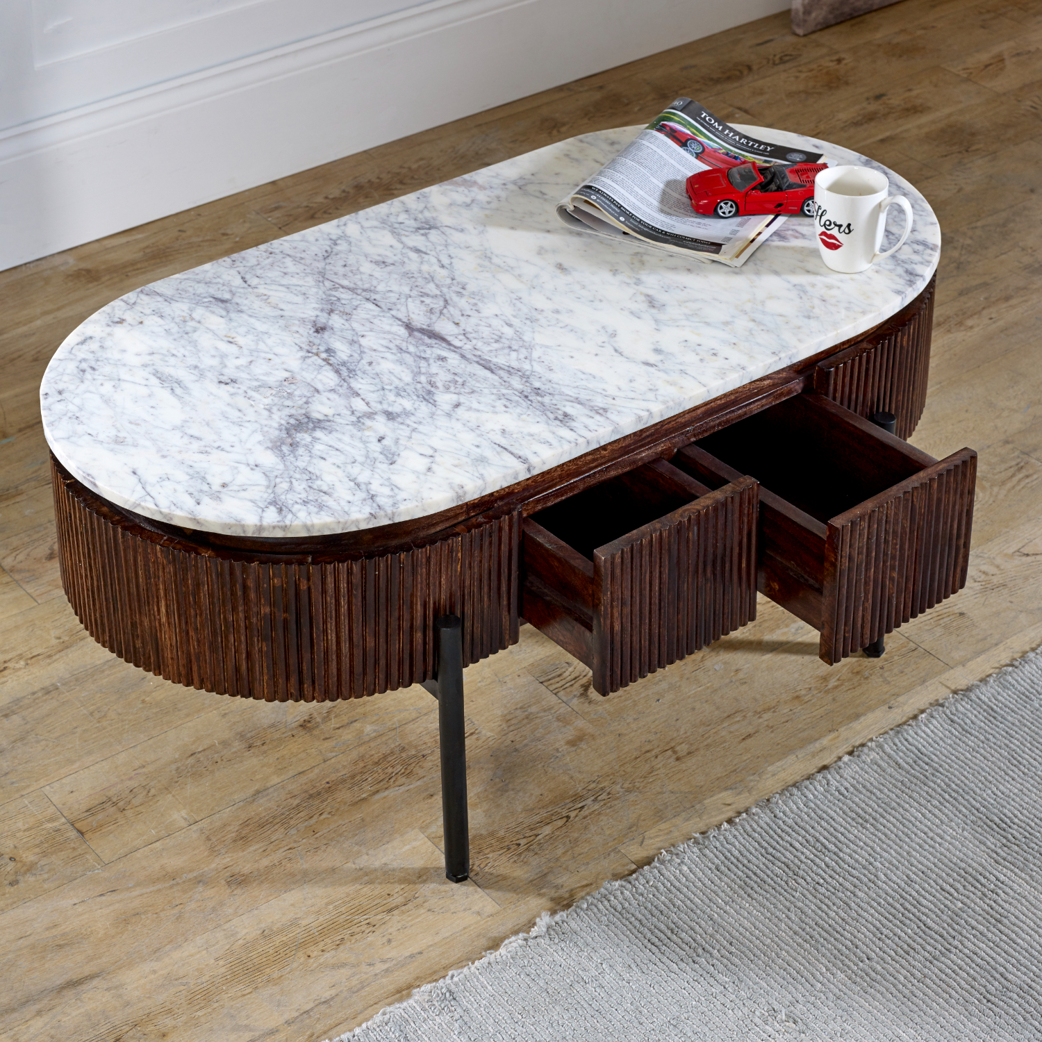 Opal Mango Wood Rectangular Fluted Coffee Table With Marble Top & Metal Legs - Image 4