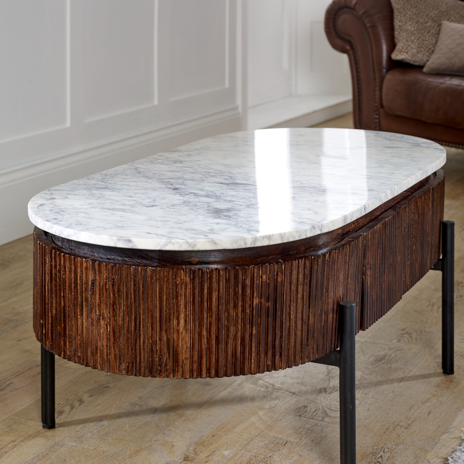 Opal Mango Wood Rectangular Fluted Coffee Table With Marble Top & Metal Legs - Image 5