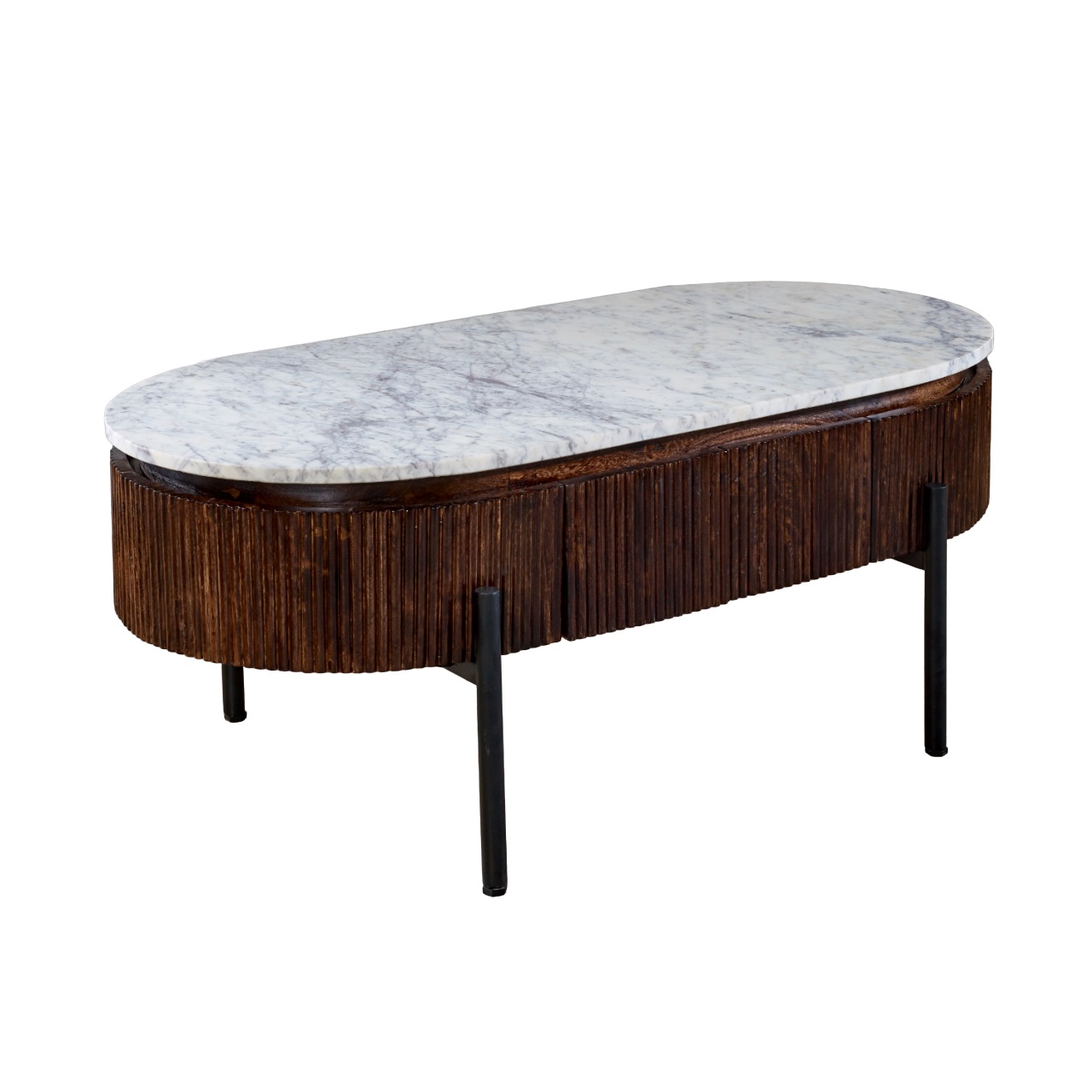 Opal Mango Wood Rectangular Fluted Coffee Table With Marble Top & Metal Legs - Image 6