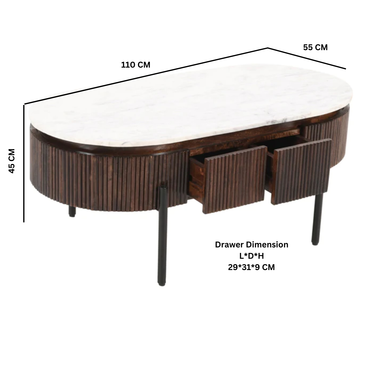 Opal Mango Wood Rectangular Fluted Coffee Table With Marble Top & Metal Legs - Image 8