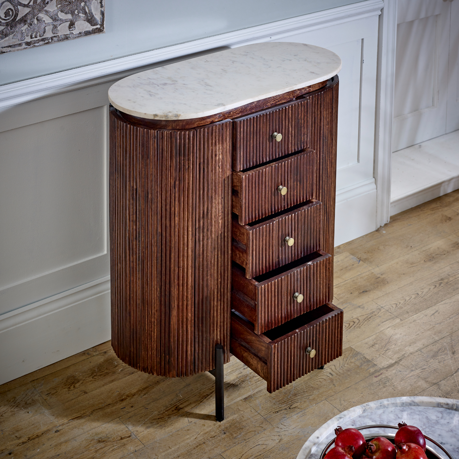 Opal Mango Wood Wide Chest Of Drawers with Marble Top & Metal Legs - Image 3